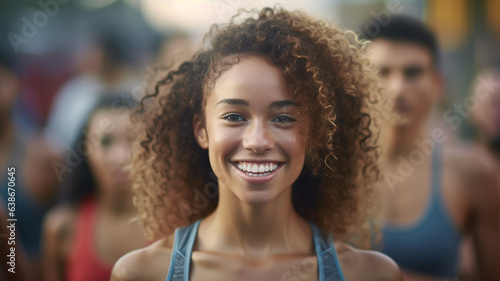 young adult woman with curly shoulder-length hair, summery temperatures, wears a tank top and looks forward with a wide, beautiful smile, diverse man wears women's tank tops, divers and trans © wetzkaz