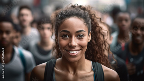 joyful smile of young adult woman with tanned skin color or multiracial  athletic slim attractive  in crowd with many other people  everyday city life or friends in group