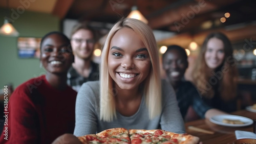 friends in group or clique spend time together in free time and go eat pizza in pizzeria  dark skin tone  adult caucasian man and woman  joyful and having fun  good mood smiling