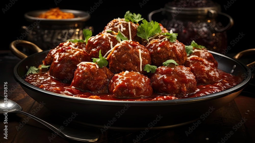 meatballs with melted tomato sauce on a bowl with a black background and blur