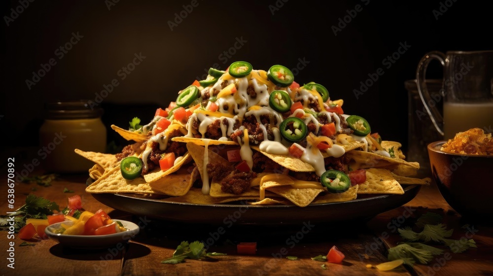 Nachos full of chunks of vegetables with with mayonnaise sauce on black blurred background