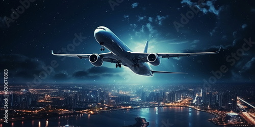  airplain fly on  cloudy sky   at starry night  big moon , below city blurred light