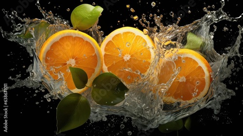 flying fresh orange splashed with water on black background and blur