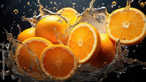 flying fresh orange splashed with water on black background and blur