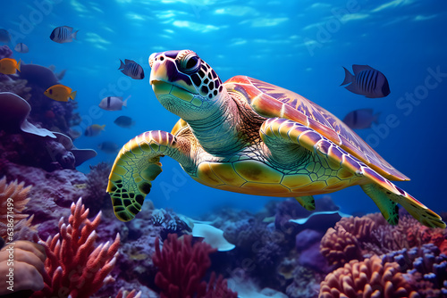 Sea turtle swims along coral reefs underwater world, Turtles swimming in ocean © manof