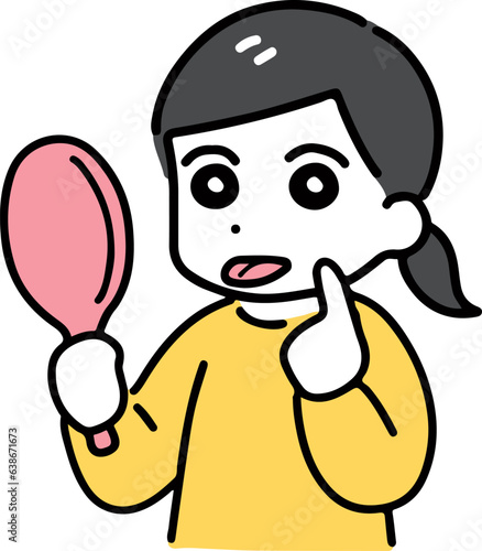 手鏡で自分の舌をチェックする若い女性