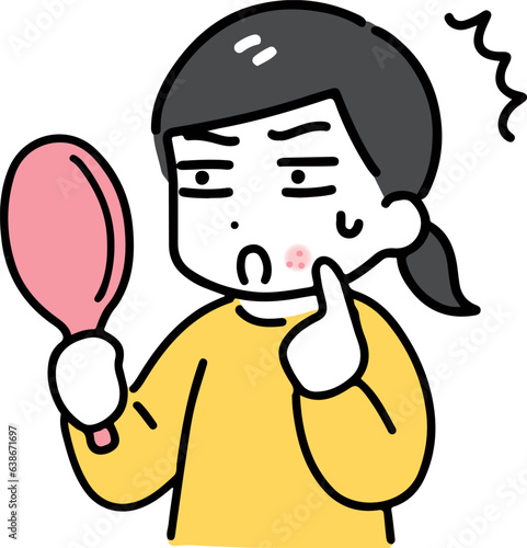 口元の赤いブツブツに驚いている私服女性