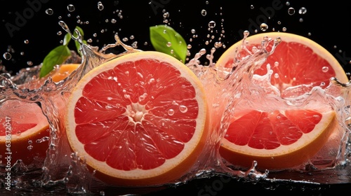 fresh grapefruits splashed with water on black and blurred background