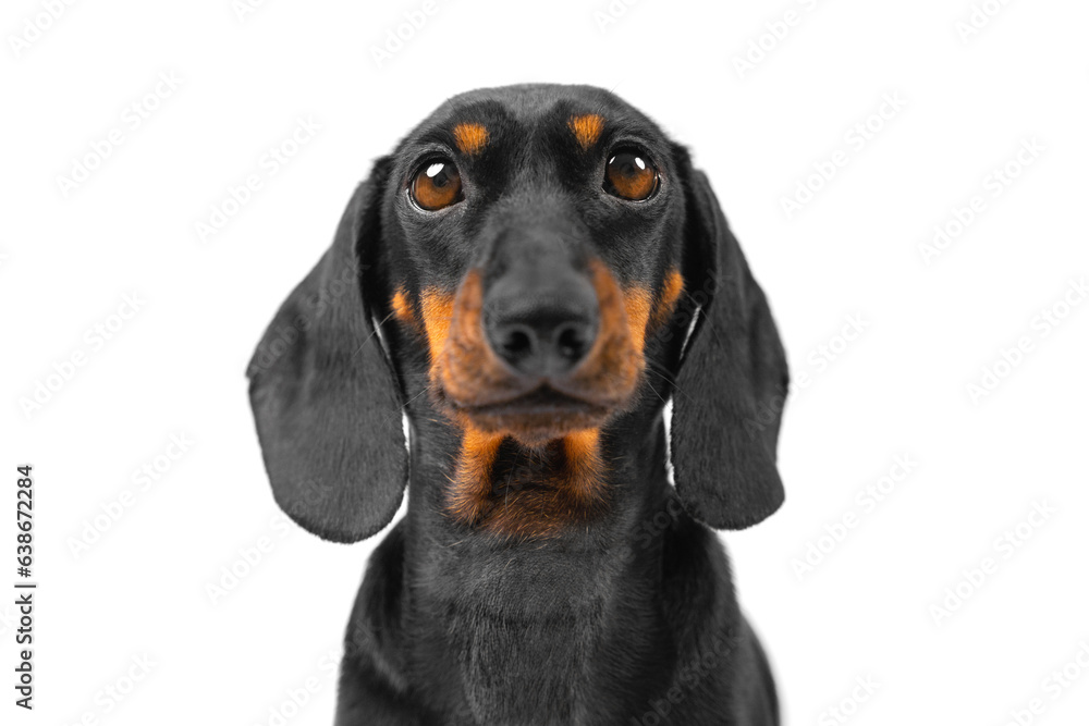 portrait of funny little dog dachshund breed, eyes looking curiously, begging for food. Annoying mischievous puppy on a white background