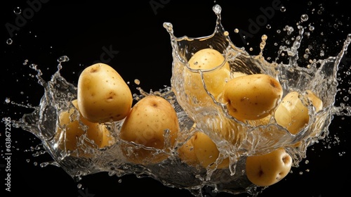 fresh potatoes splashed with water on black and blurred background