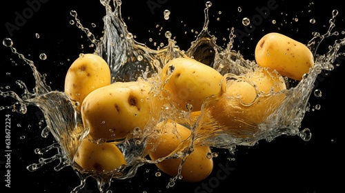 fresh potatoes splashed with water on black and blurred background