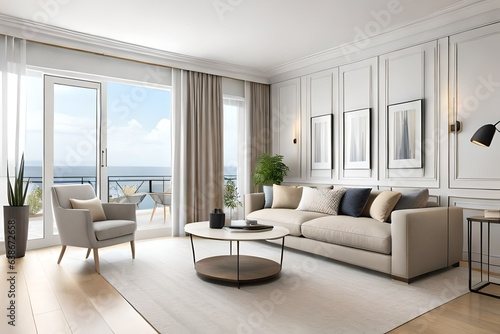Interior design spacious bright studio apartment in Scandinavian style and warm pastel white and beige colors. Trendy furniture in the living area. 3d rendering © Nyetock