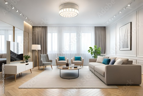 Interior design spacious bright studio apartment in Scandinavian style and warm pastel white and beige colors. Trendy furniture in the living area