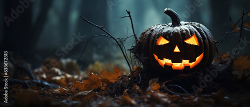 Carved out glowing orange halloween pumpkin jack o lantern in the forest with copy space