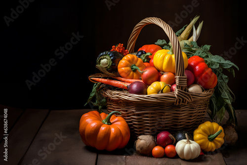 autumn vegetables are in a basket on a black background,generative AI