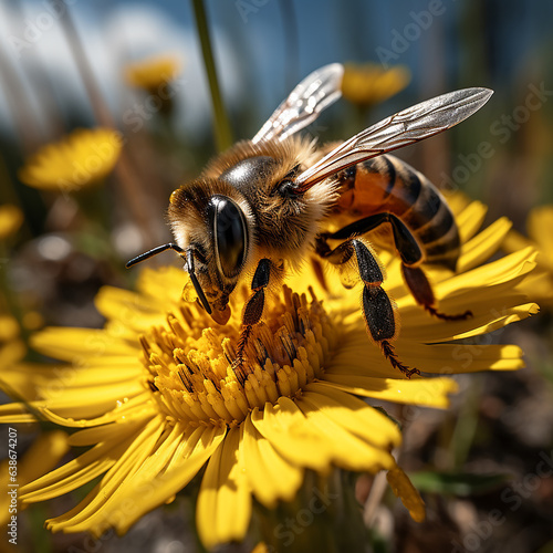 Generative AI Image of Honey Bee Insect Collecting Pollen on a Yellow Flower