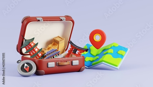 Cartoon of open suitcase with landmarks of Seoul, South Korea and map. 3D render.
