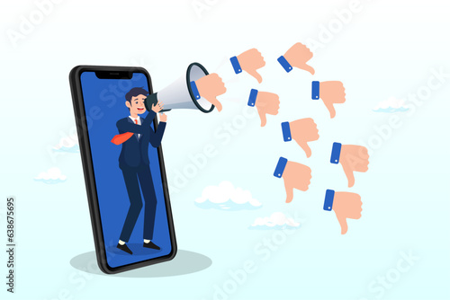 Furious young man from mobile phone shouting on megaphone with negative thumb down symbols, internet hater, angry social media, dislike or negative feedback from remote work, cyber bullying (Vector)
