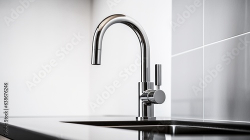 Close up of minimalist kitchen faucet, minimalism concept.