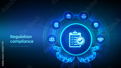 Regulation Compliance financial control internet technology concept on virtual screen. Compliance rules icon in wireframe hands. Reg Tech. Law regulation policy. Vector illustration.