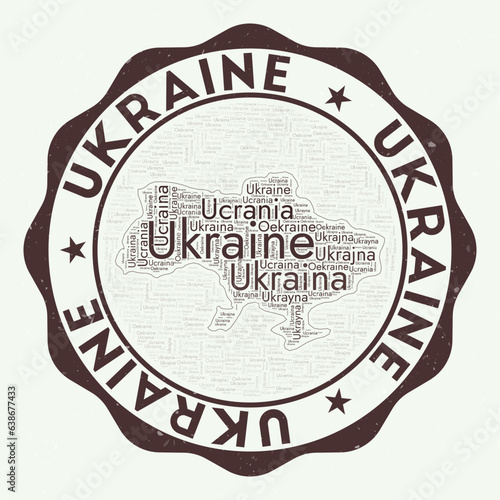 Ukraine logo. Amazing country badge with word cloud in the shape of Ukraine. Round emblem with country name. Cool vector illustration.