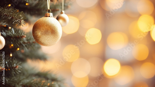 Christmas tree with golden bauble ornament decoration on blur background with copy space for design. happy new year and holiday seasonal festive backdrop concept 
