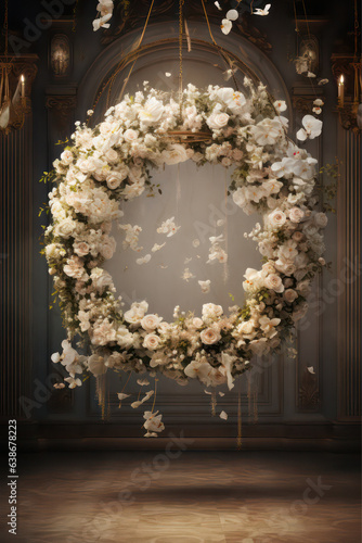 Elegant white room with floral halo ring backdrops, background, photoshop overlay