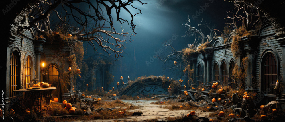 Halloween spooky background, scary pumpkins in old big creepy Happy Haloween ghosts horror house evil haunted castle scene. Creepy dark gothic mysterious night dark backdrop concept. 