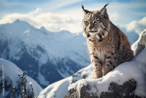An image of a lynx wild cat on top of a snowy mountain - Generative AI