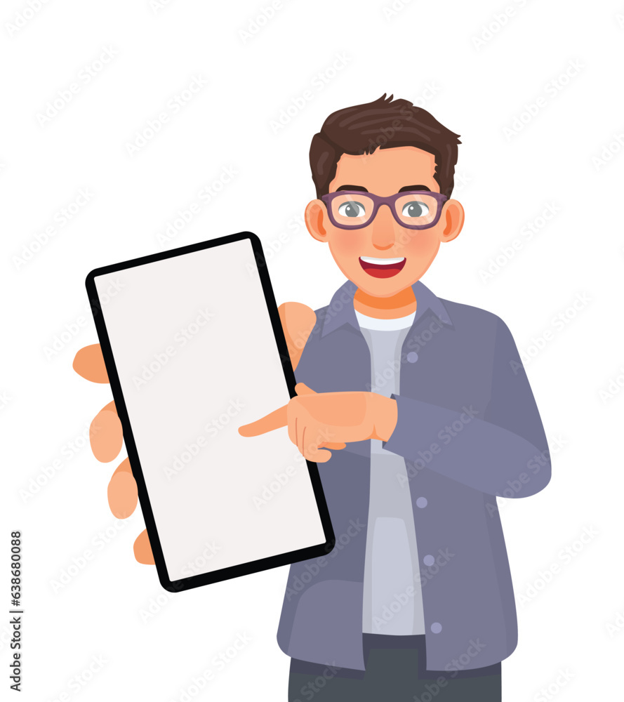 Young man with glasses holding smart phone with blank screen pointing finger showing empty space for ads Young man with glasses holding smart phone with blank screen pointing finger showing empty space for ads