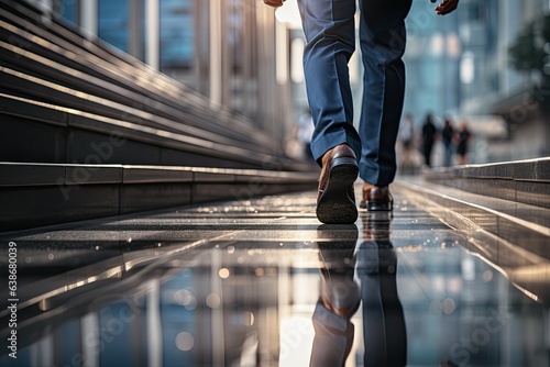 Low section of businessman walking up the stairs in office building. Business concept