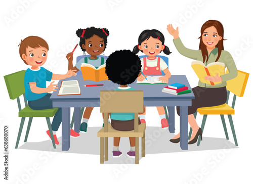 Female teacher teaching explaining and discuss lesson with her students at the table