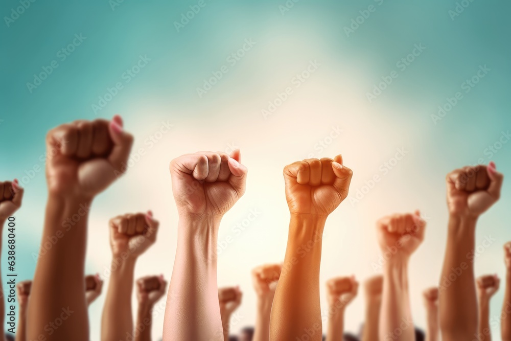 Raised hands on abstract background. Human rights and freedom concept.