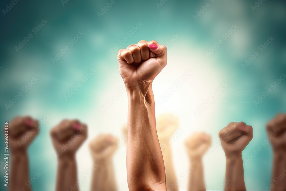 Raised hands on abstract background. Human rights and freedom concept. - obrazy, fototapety, plakaty 