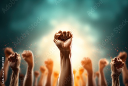 Raised hands on abstract background. Human rights and freedom concept. photo