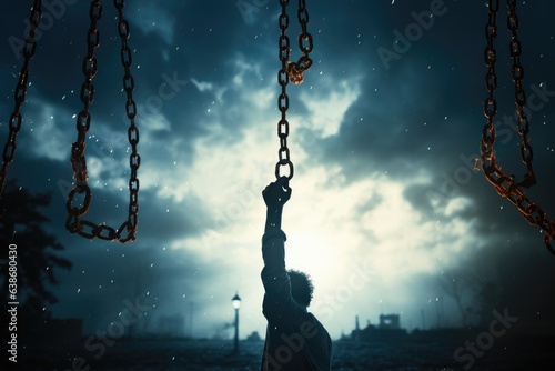 Foto Silhouette of a man with raised hands against the background of a chain