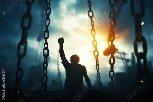 Fotografie, Obraz Silhouette of a man with raised hands against the background of a chain