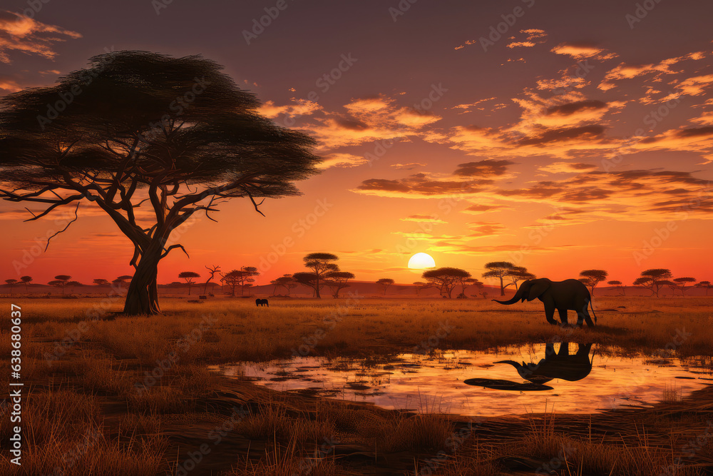 A majestic African savanna with lush and animals, generative AI