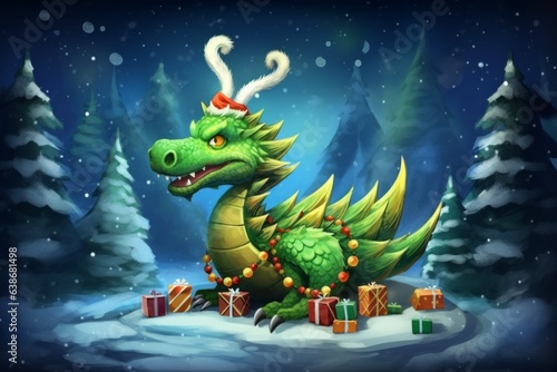 Fairytale dragon in postcard style. Merry christmas and happy new year concept © top images
