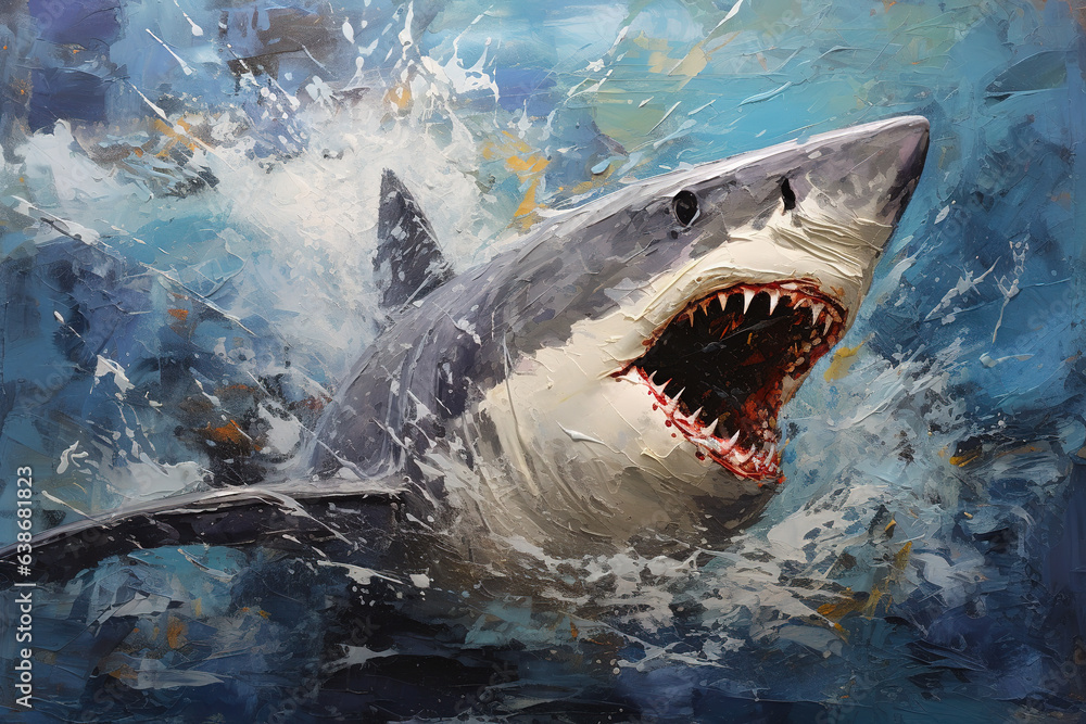 Obraz premium Beautiful painting of a shark with open mouth and angry in the sea. Undersea animals. Illustration, Generative AI.