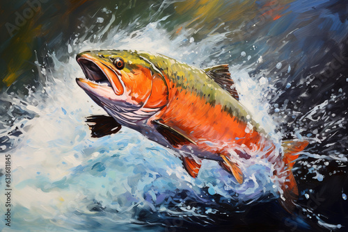 Beautiful painting of coho salmon jumping over water and splashing. Wildlife Animals. Illustration, Generative AI.