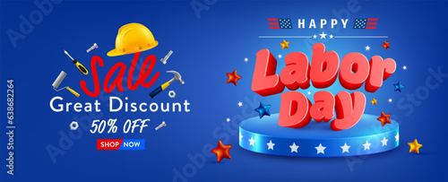 Labor Day Sale Banner Template.USA Labor Day celebration Sale with Yellow safety helmet, hammer and screwdriver tools.Sale promotion advertising Poster or Banner for Labor Day