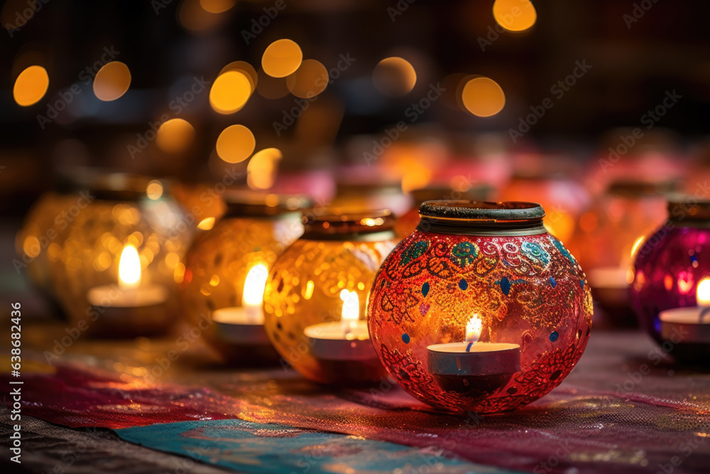 Happy Diwali festival with diya oil lamp and floral mandala on blurred bokeh background. Colorful traditional festival of lights celebration. Generative AI Happy Diwali festival with diya oil lamp and floral mandala on blurred bokeh background. Colorful traditional festival of lights celebration. Generative AI