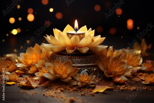 Happy Diwali festival concepts with diya oil lamp and floral mandala on blurred bokeh background. Indian, hindu colorful traditional festival of lights celebration. Generative AI photo