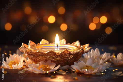 Happy Diwali festival concepts with diya oil lamp and floral mandala on blurred bokeh background. Indian, hindu colorful traditional festival of lights celebration. Generative AI