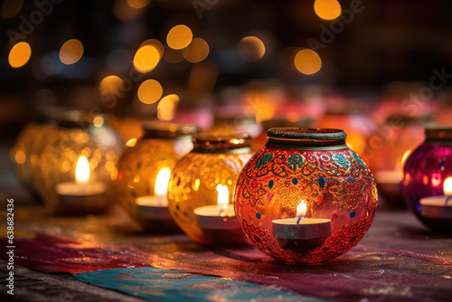 Happy Diwali festival with diya oil lamp and floral mandala on blurred bokeh background. Colorful traditional festival of lights celebration. Generative AI