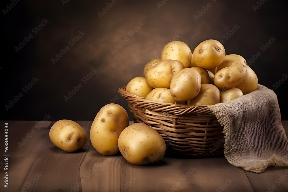 potatoes in a basket on wooden table with copy space background. potatoes in a basket on wooden table with copy space background.