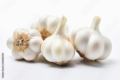 Garlic, cloves and white bulb isolated on white, in the style of karencore, visual puns, youthful energy photo