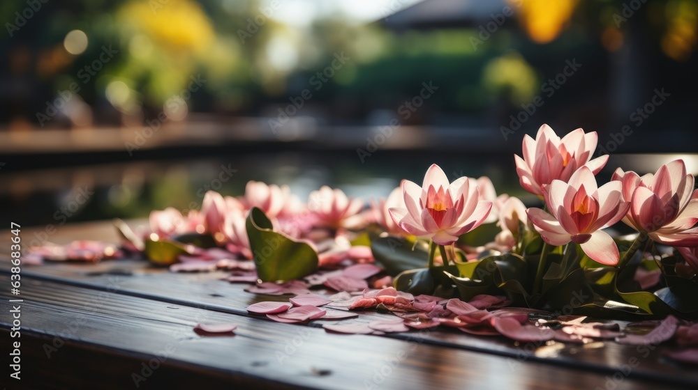 Empty wooden table top with blurred beautiful pink lotus in the water in the garden for background.