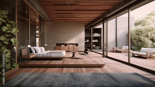 A sunlit bedroom featuring spacious concrete walls  wood finish interior  and floor-to-ceiling windows that overlook an outdoor deck and lush garden. Photorealistic illustration  Generative AI